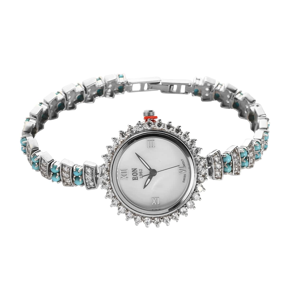 EON 1962 Swiss Movement Sleeping Beauty Turquoise and Zircon Watch in Platinum Over Sterling Silver 20 Grams 10.10 ctw image number 0