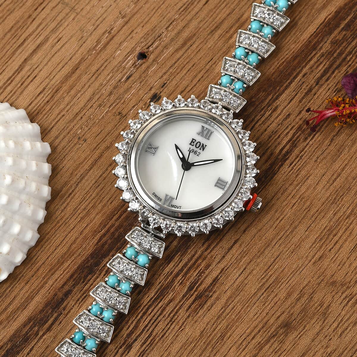 EON 1962 Swiss Movement Sleeping Beauty Turquoise and Zircon Watch in Platinum Over Sterling Silver 20 Grams 10.10 ctw image number 1