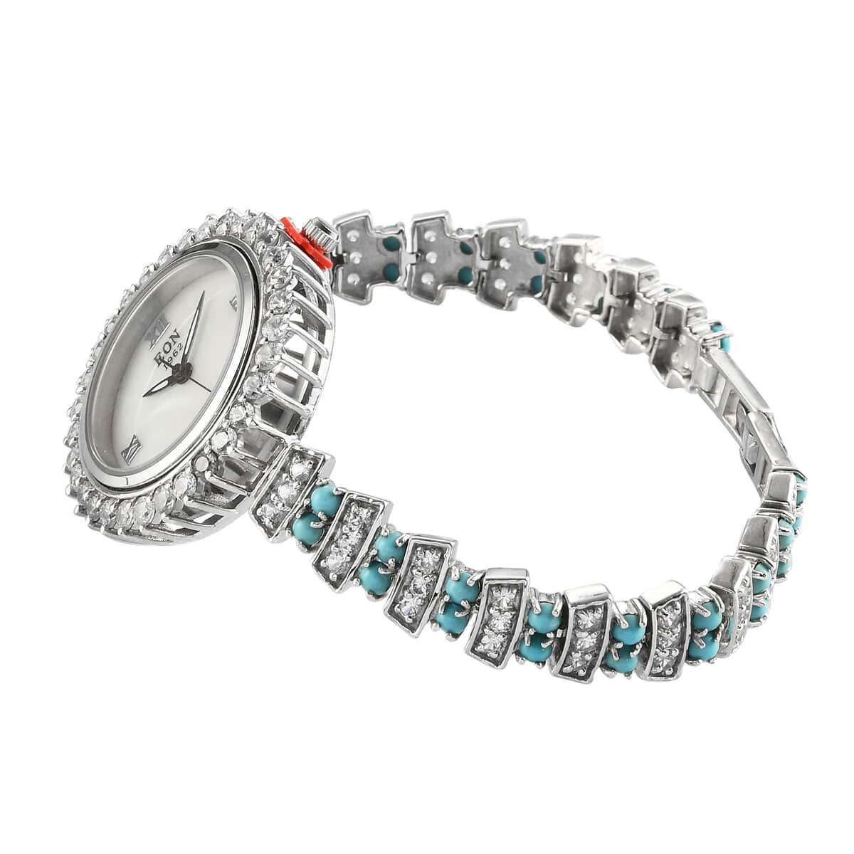 EON 1962 Swiss Movement Sleeping Beauty Turquoise and Zircon Watch in Platinum Over Sterling Silver 20 Grams 10.10 ctw image number 3