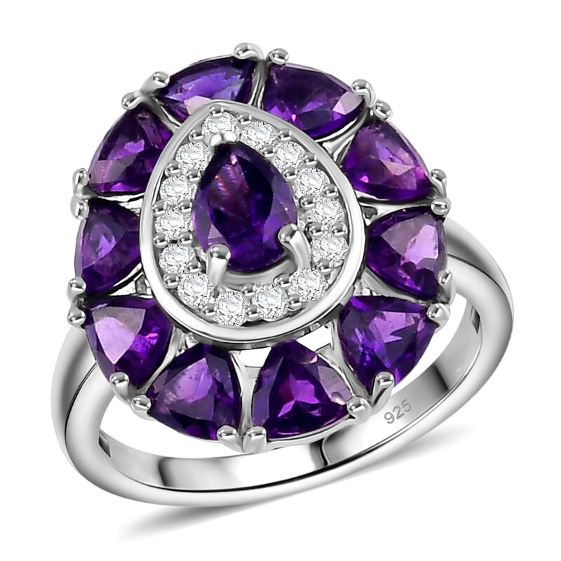 Lusaka Amethyst and White Zircon 2.50 ctw Ring in Platinum Over Sterling Silver (Size 5.5)