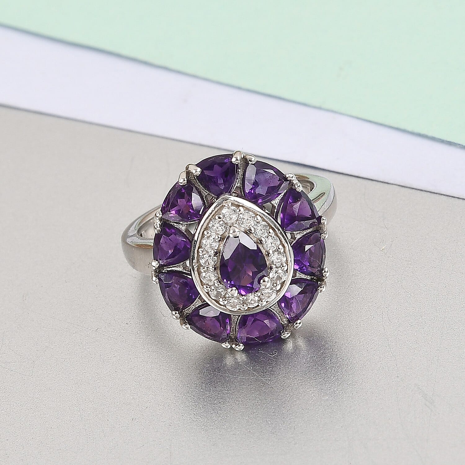 Lusaka Amethyst and White Zircon 2.50 ctw Ring in Platinum Over Sterling Silver (Size 5.5)