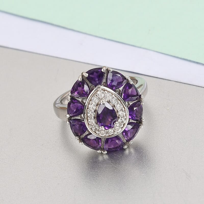 Lusaka Amethyst and White Zircon 2.50 ctw Ring in Platinum Over Sterling Silver (Size 5.5)