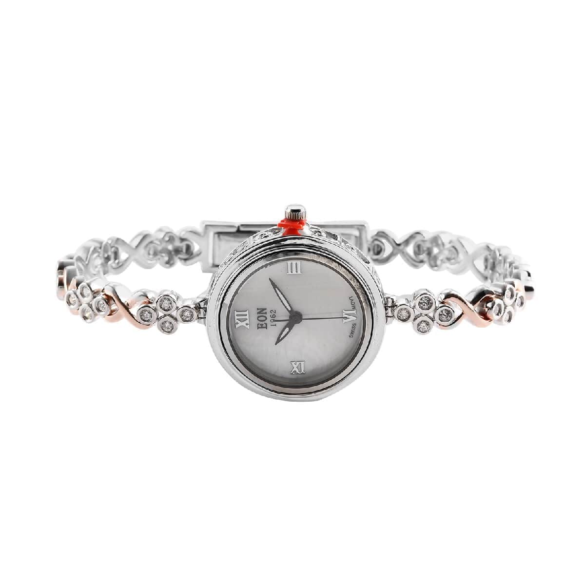Eon 1962 Swiss Movement Moissanite Bracelet Watch in 14K Rose Gold & Platinum Over Sterling Silver and Stainless Steel 7.25 In 1.25 ctw image number 0