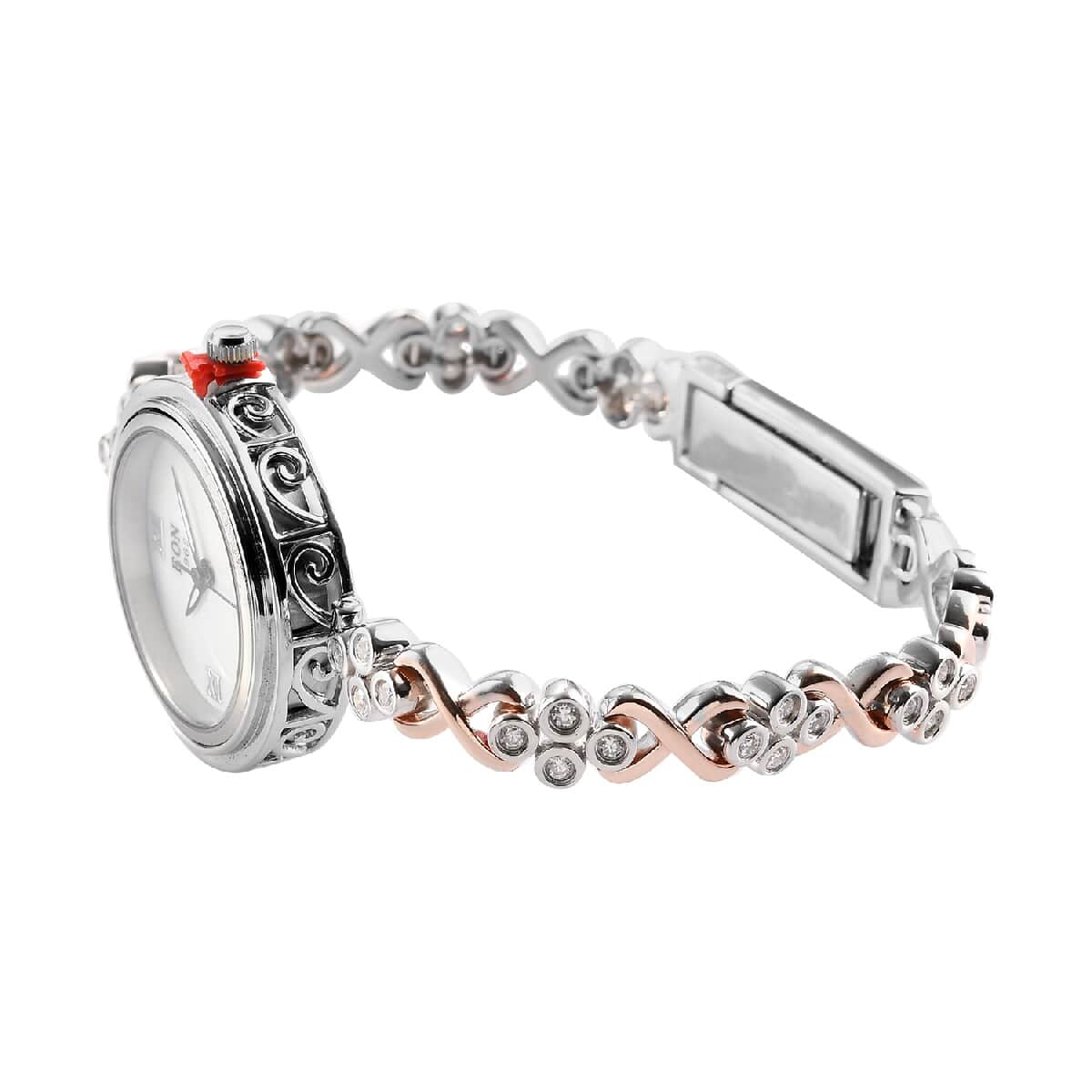 Eon 1962 Swiss Movement Moissanite Bracelet Watch in 14K Rose Gold & Platinum Over Sterling Silver and Stainless Steel 7.25 In 1.25 ctw image number 3
