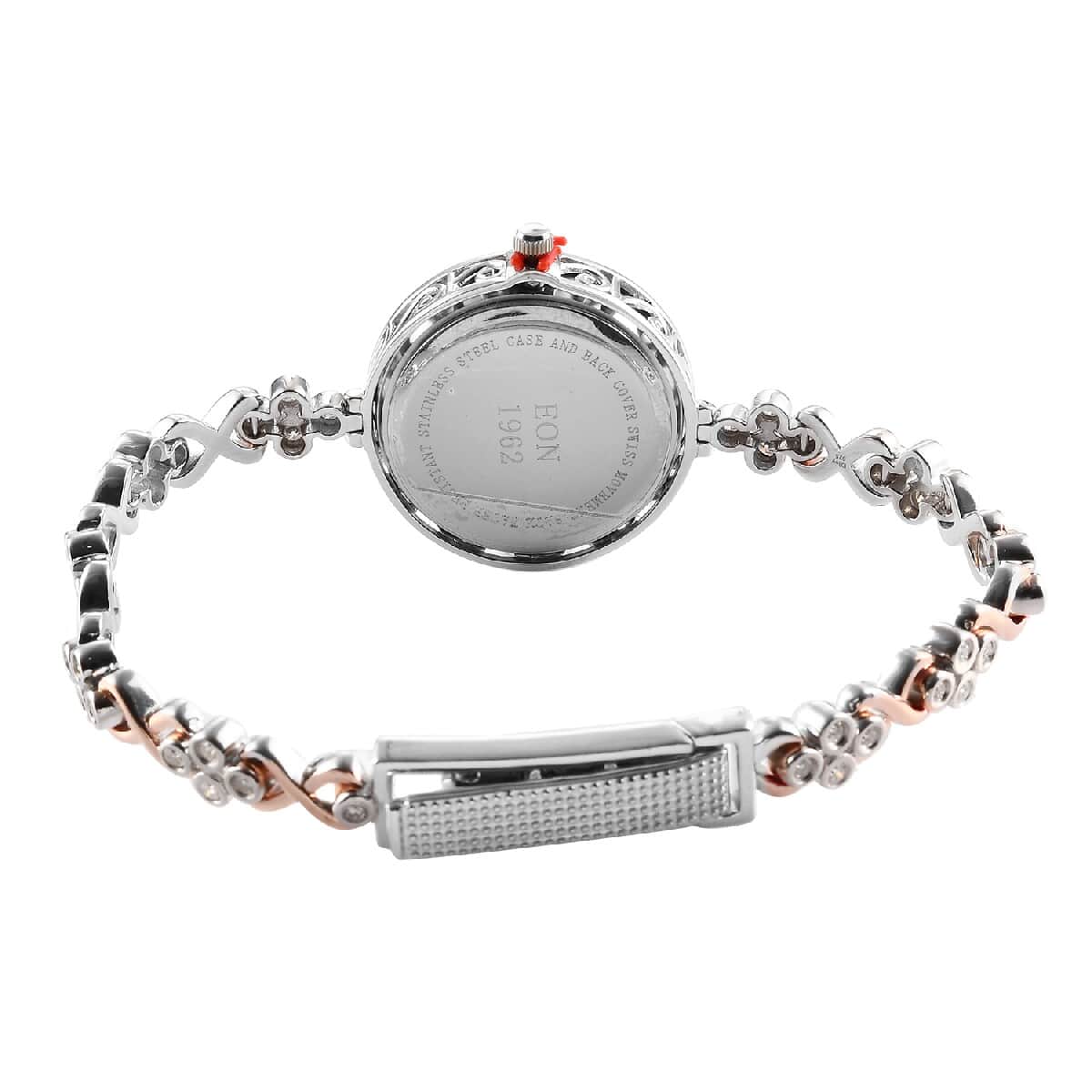 Eon 1962 Swiss Movement Moissanite Bracelet Watch in 14K Rose Gold & Platinum Over Sterling Silver and Stainless Steel 7.25 In 1.25 ctw image number 4