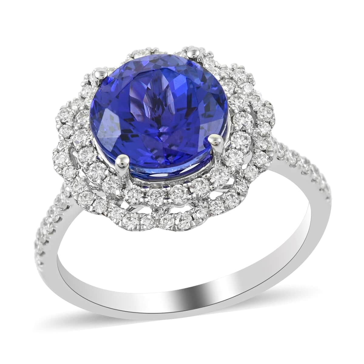 RHAPSODY 950 Platinum AAAA Tanzanite and E-F VS Diamond Double Halo Ring (Size 7.0) 5.60 Grams 3.75 ctw image number 0