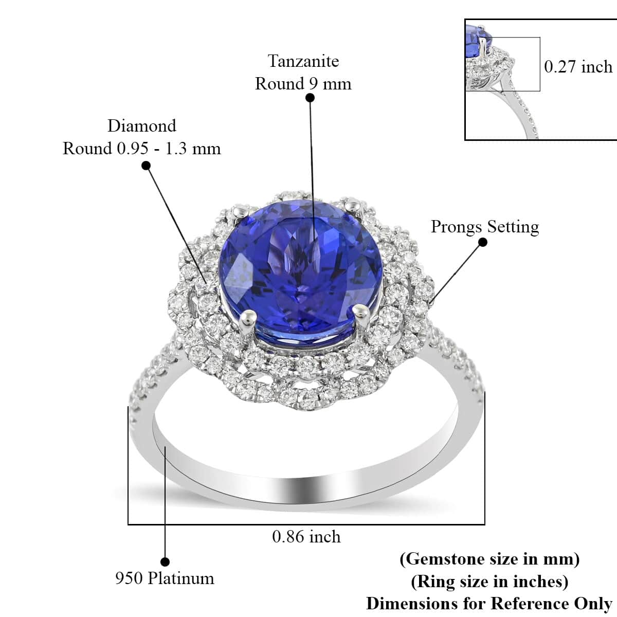 RHAPSODY 950 Platinum AAAA Tanzanite and E-F VS Diamond Double Halo Ring (Size 7.0) 5.60 Grams 3.75 ctw image number 4