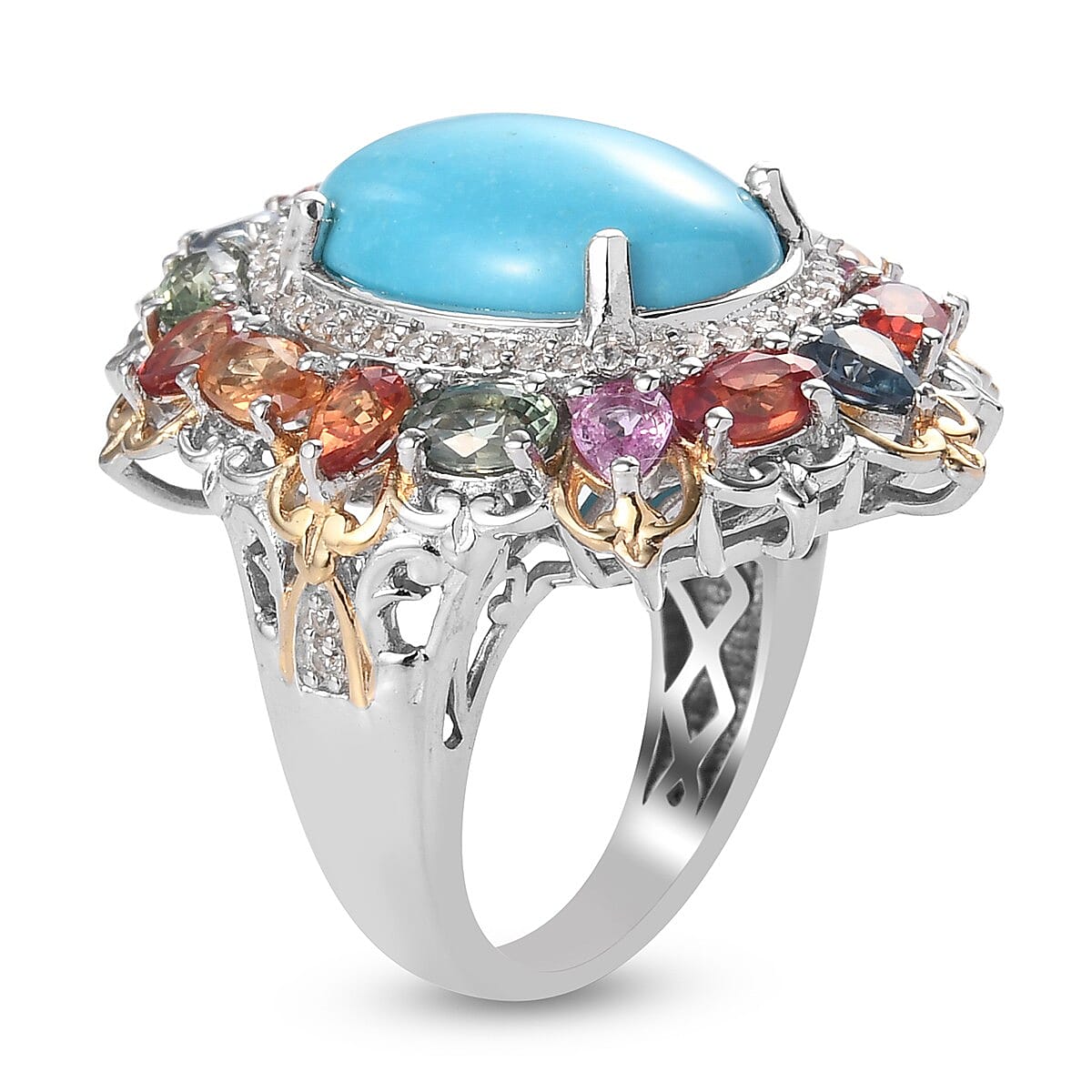 Sleeping Beauty Turquoise and Multi Gemstone Ring in Platinum Over Sterling Silver (Size 7.0) 11.80 ctw image number 3