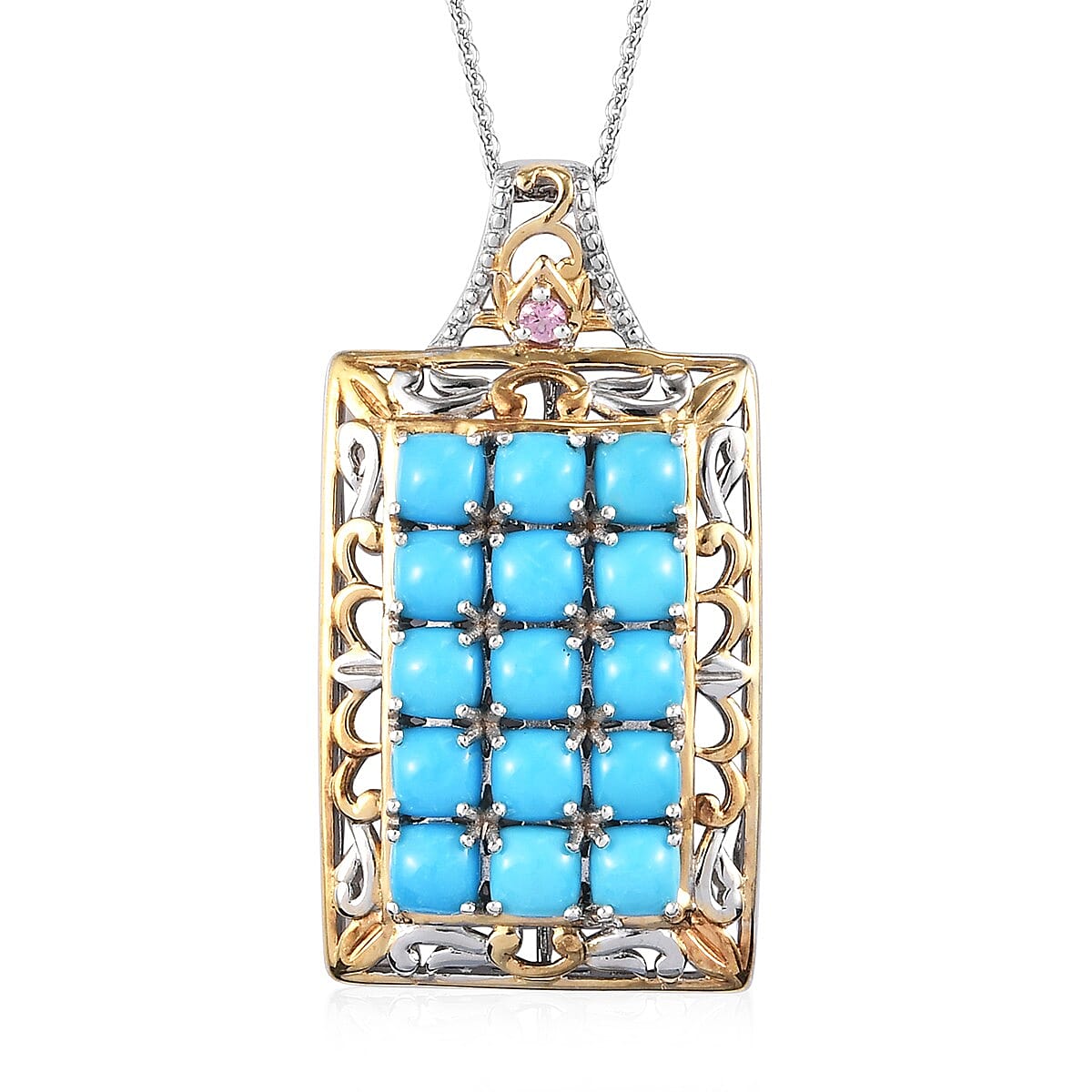Sleeping Beauty Turquoise and Morro Redondo Pink Tourmaline Cluster Pendant Necklace 20 Inches in Vermeil Yellow Gold and Platinum Over Sterling Silver 4.90 ctw