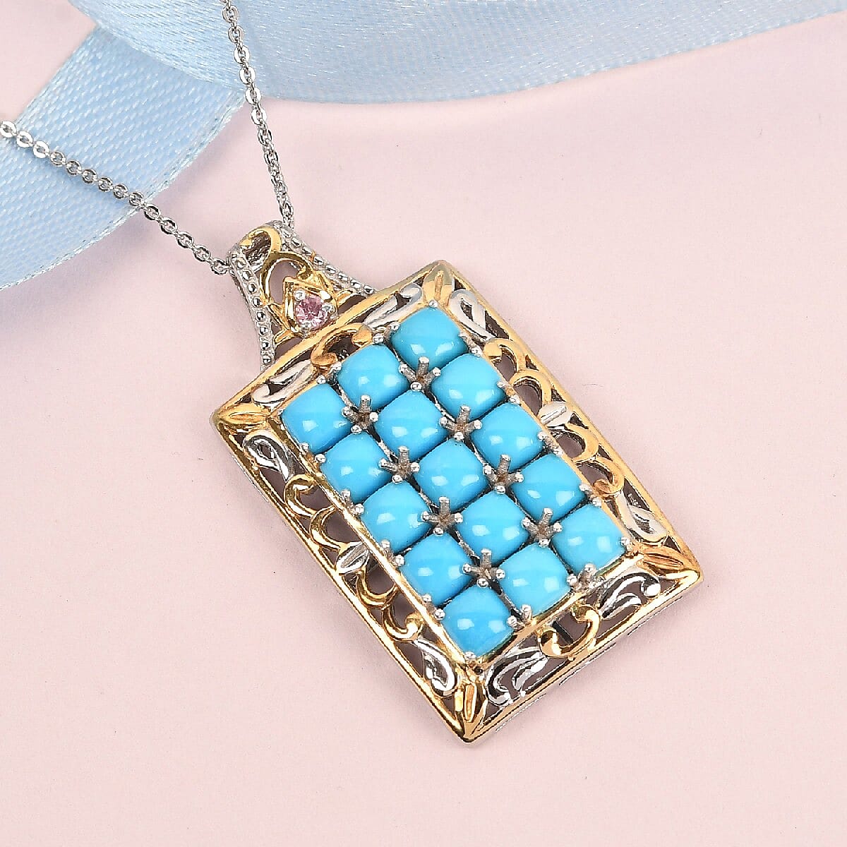 Sleeping Beauty Turquoise and Morro Redondo Pink Tourmaline Cluster Pendant Necklace 20 Inches in Vermeil Yellow Gold and Platinum Over Sterling Silver 4.90 ctw