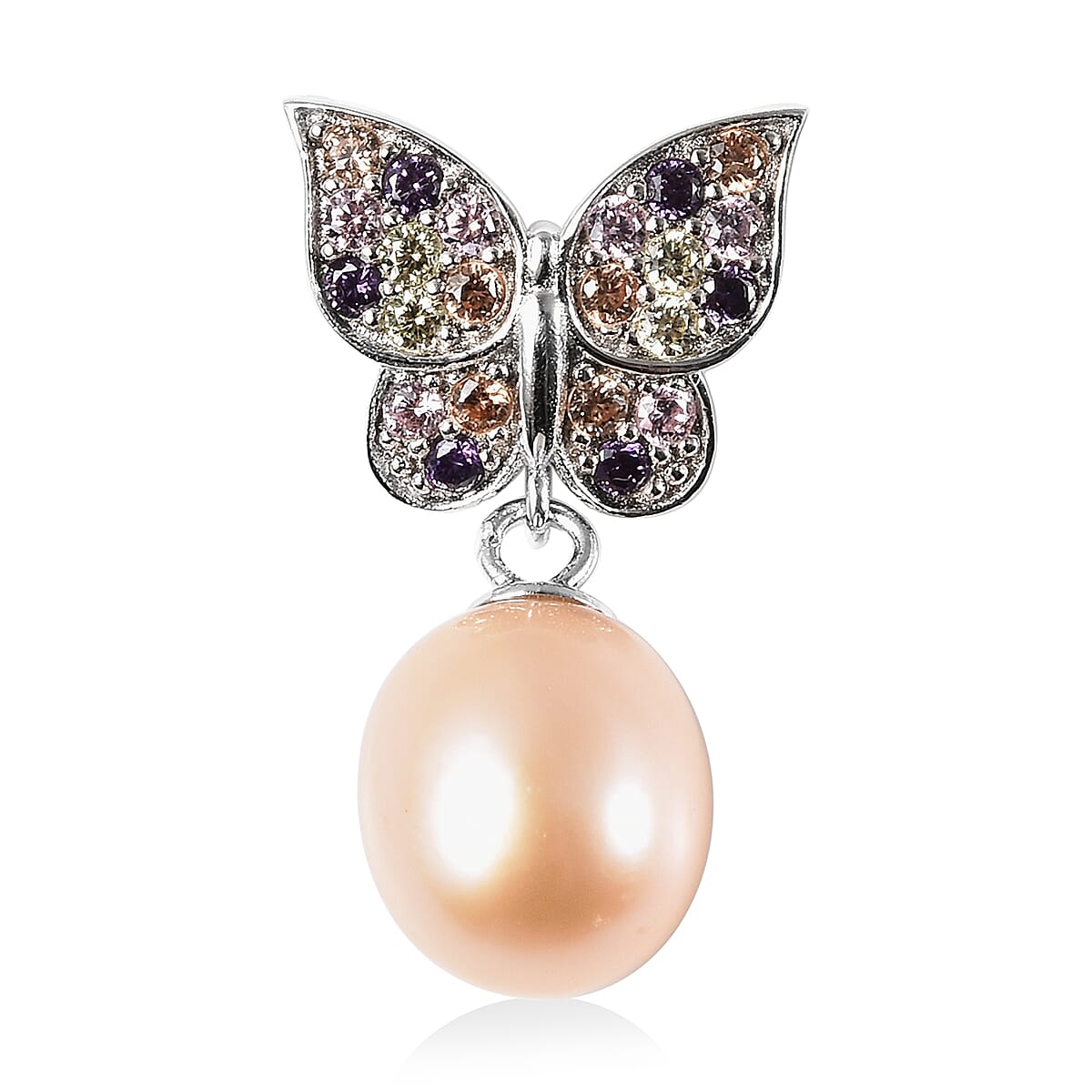 Pink Freshwater Pearl and Simulated Diamond Pendant in Rhodium Over Sterling Silver