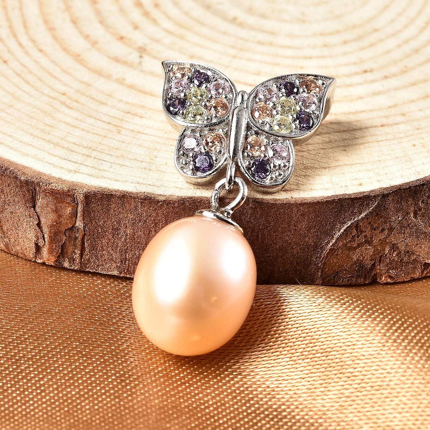 Pink Freshwater Pearl and Simulated Diamond Pendant in Rhodium Over Sterling Silver