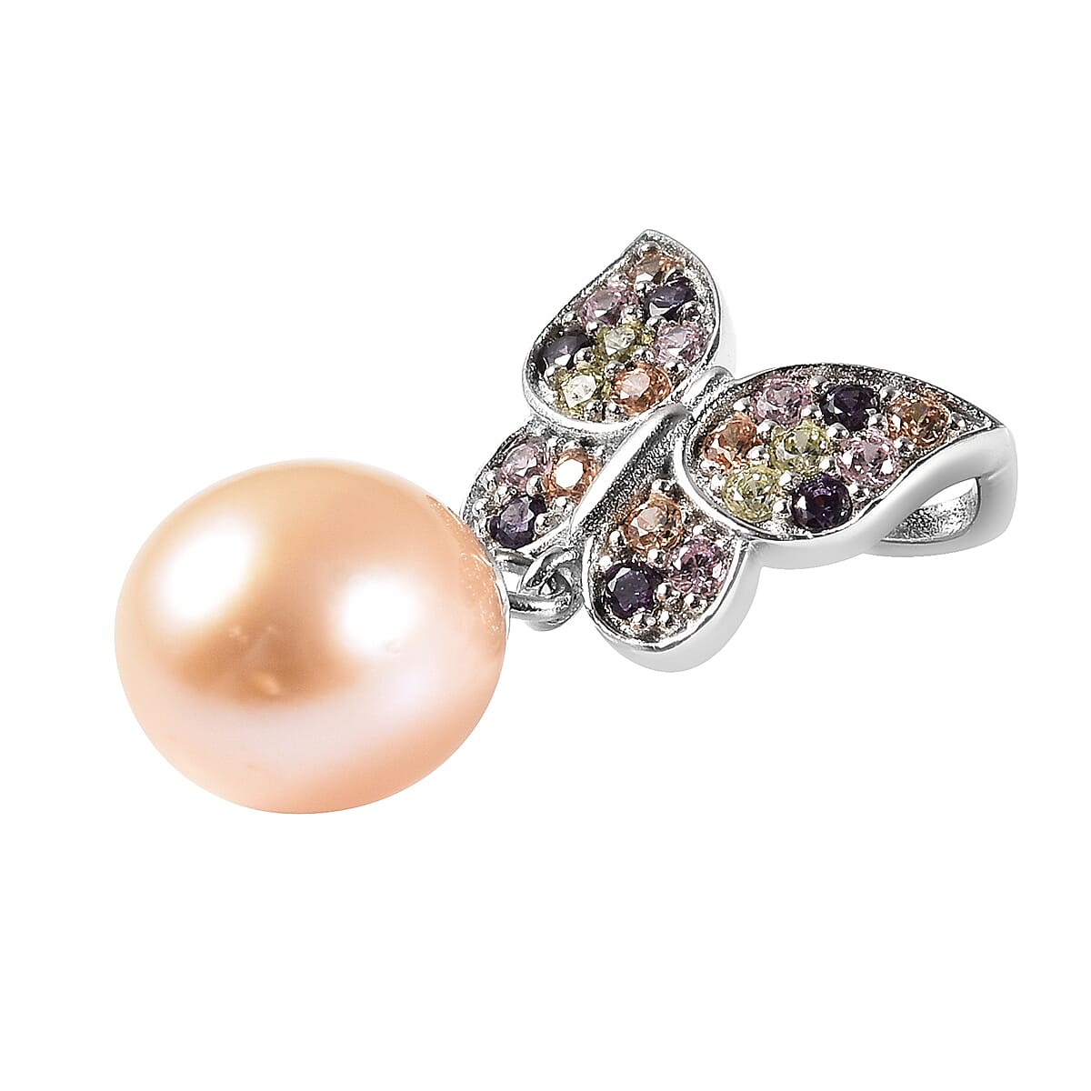 Pink Freshwater Pearl and Simulated Diamond Pendant in Rhodium Over Sterling Silver