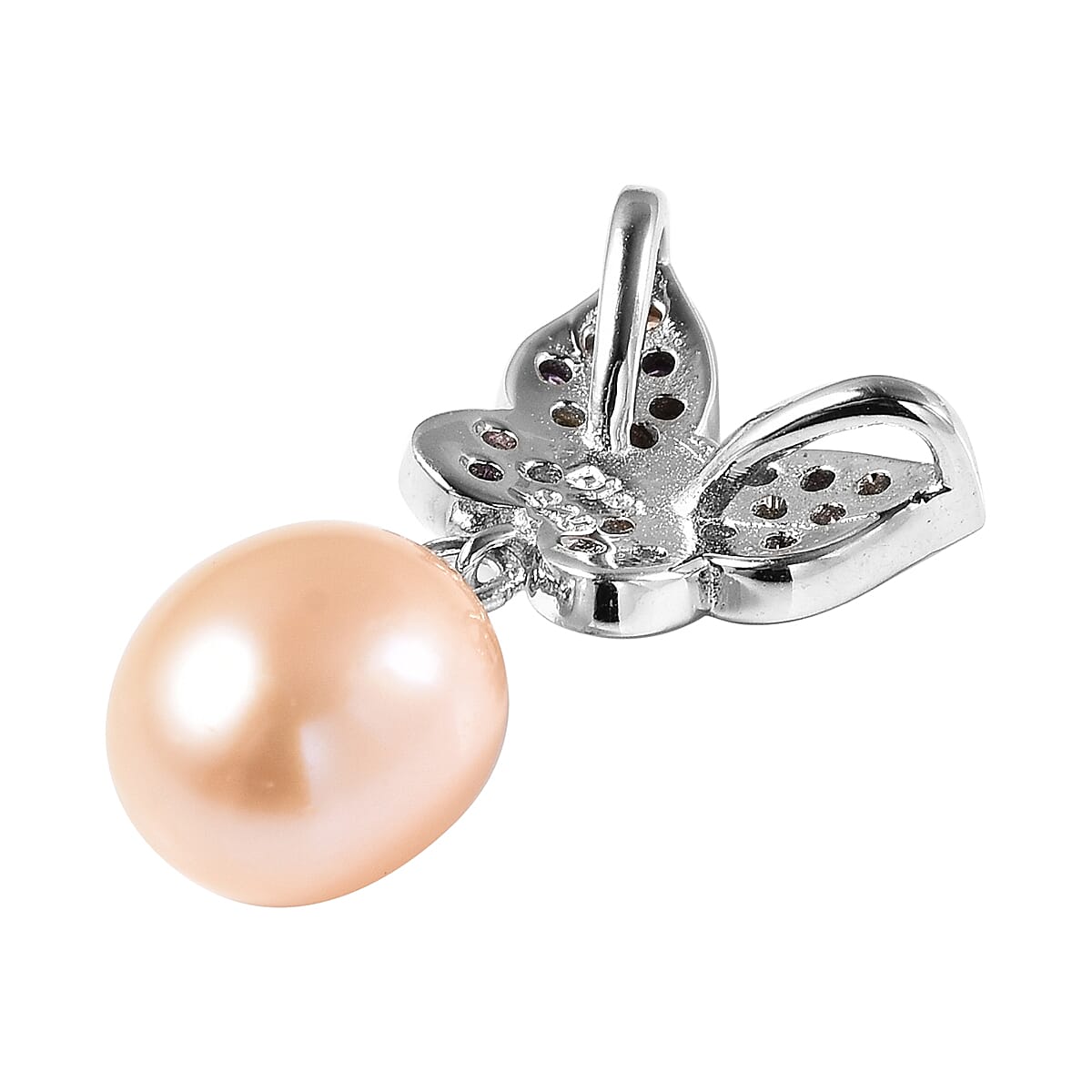 Pink Freshwater Pearl and Simulated Diamond Pendant in Rhodium Over Sterling Silver