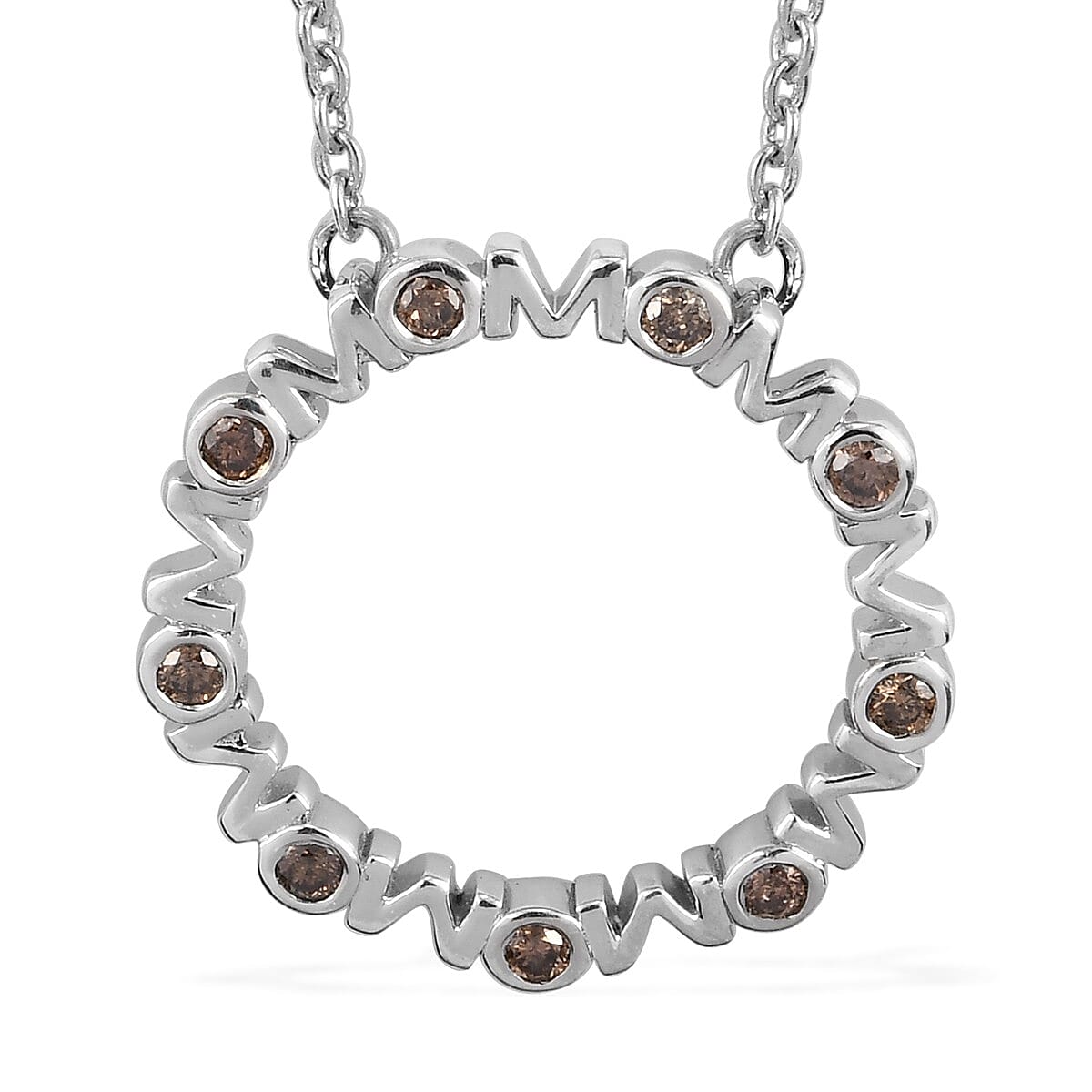 Natural Champagne Diamond Mom Circle Pendant Necklace 20 Inches in Platinum Over Sterling Silver 0.25 ctw
