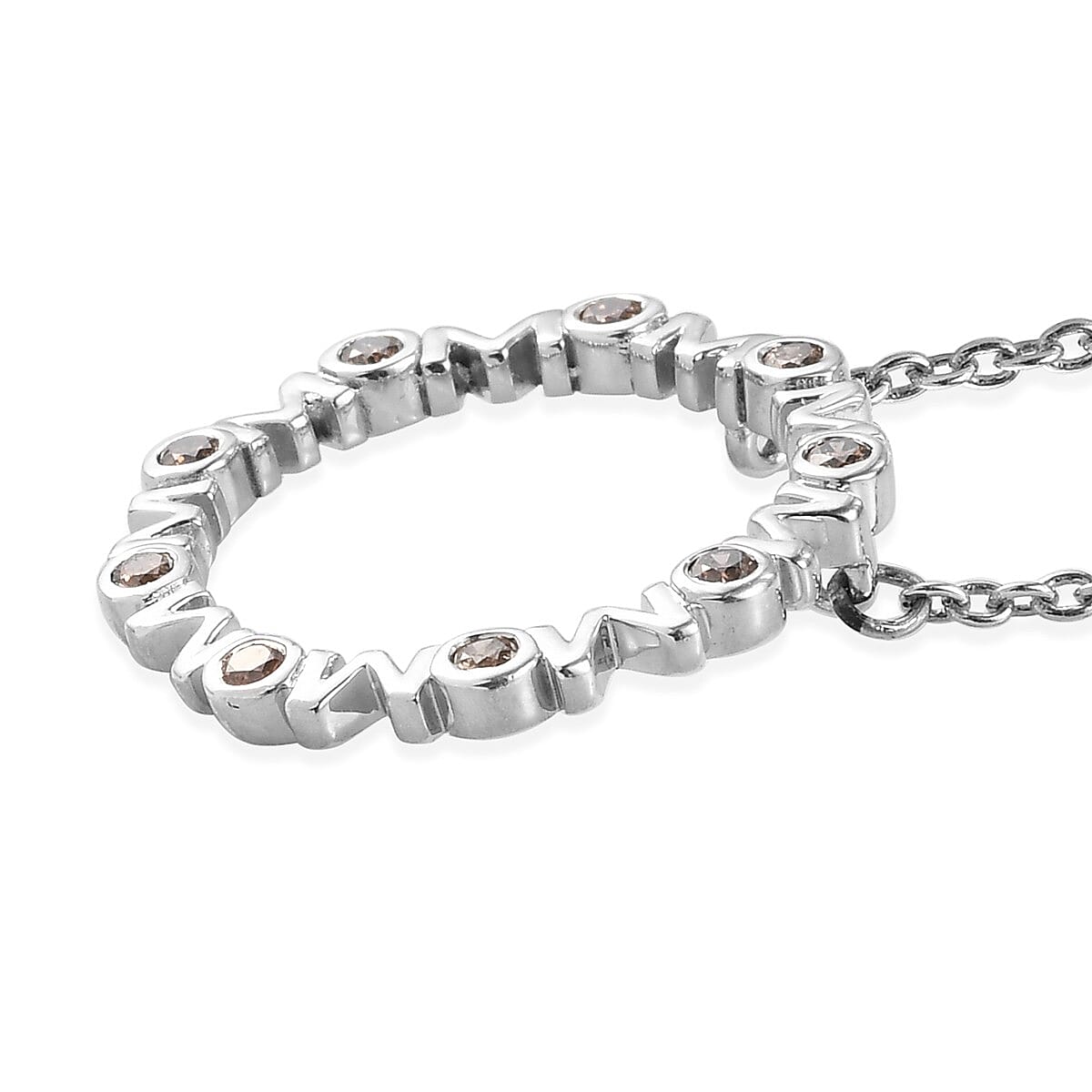 Natural Champagne Diamond Mom Circle Pendant Necklace 20 Inches in Platinum Over Sterling Silver 0.25 ctw