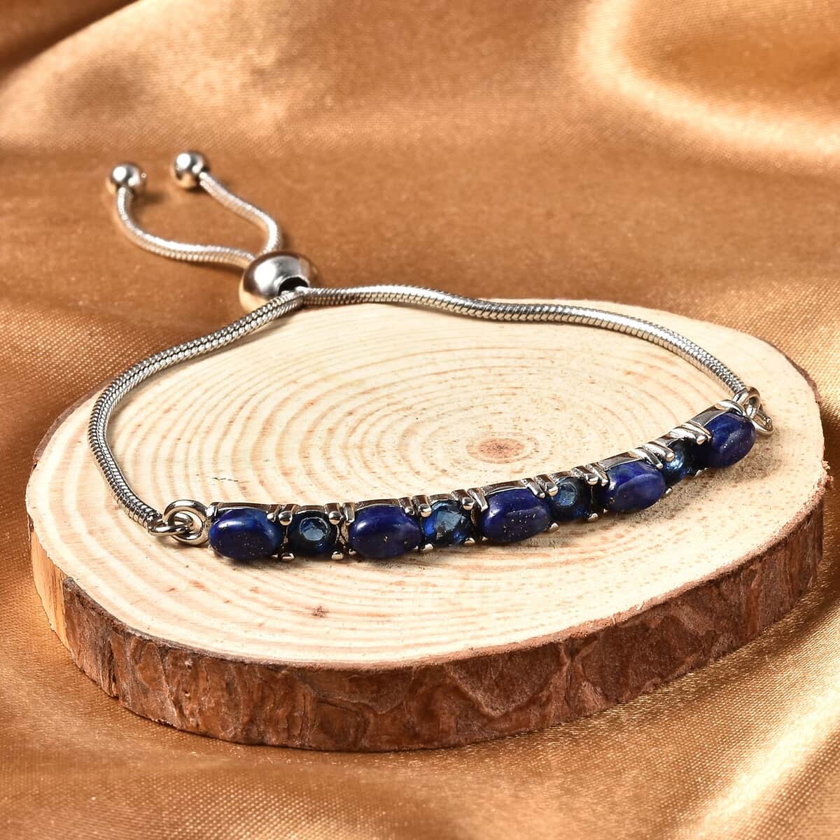 Lapis Lazuli and Simulated Blue Diamond Bolo Bracelet in Stainless Steel 5.60 ctw image number 1