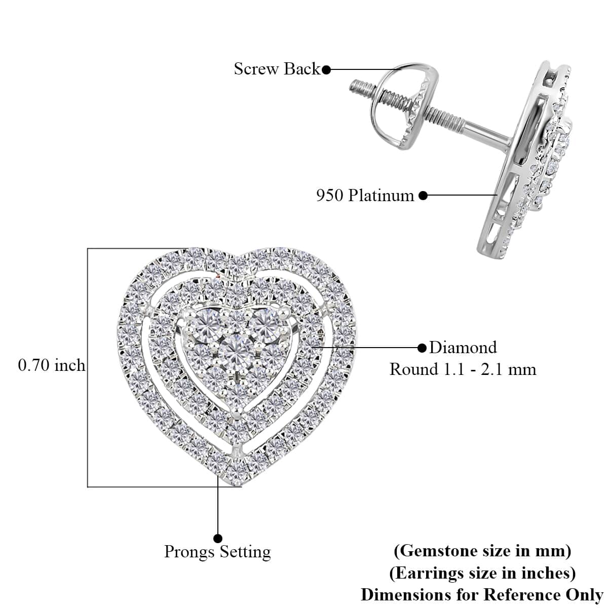 Rhapsody IGI Certified 950 Platinum E-F VS Diamond Heart Stud Earrings 6.20 Grams 1.00 ctw image number 3