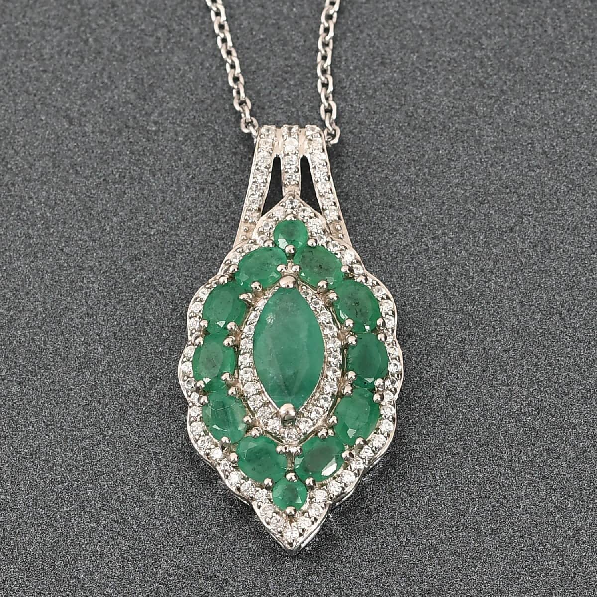 Socoto Emerald and Natural White Zircon Elongated Cocktail Pendant Necklace 20 Inches in Platinum Over Sterling Silver 3.60 ctw image number 1
