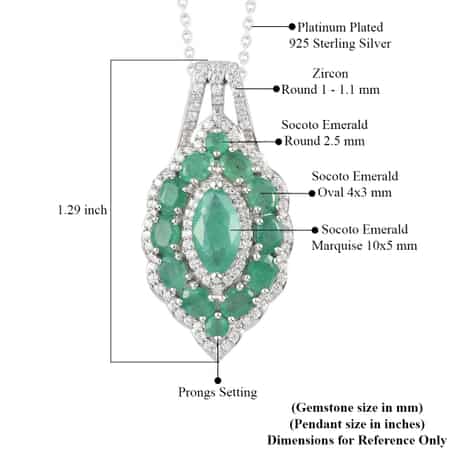 Socoto Emerald and Natural White Zircon Elongated Cocktail Pendant Necklace 20 Inches in Platinum Over Sterling Silver 3.60 ctw image number 5