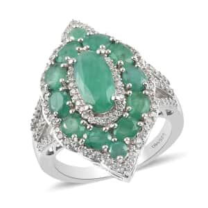 3.65 ctw Socoto Emerald and Natural White Zircon Elongated Cocktail Ring in Platinum Over Sterling Silver (Size 9.0)