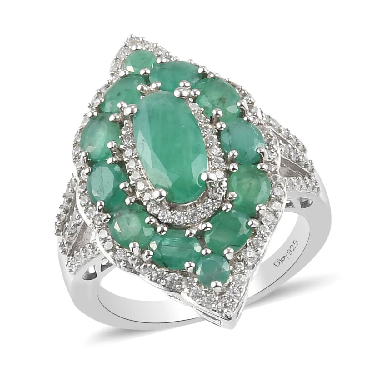 Socoto Emerald and Natural White Zircon Elongated Cocktail Ring in Platinum Over Sterling Silver (Size 7.0) 4.35 ctw image number 0