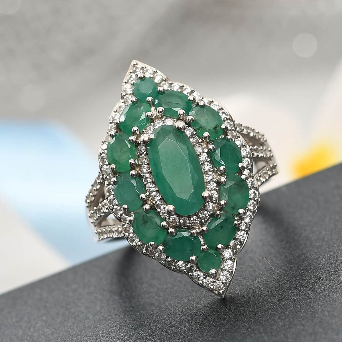 Socoto Emerald and Natural White Zircon Elongated Cocktail Ring in Platinum Over Sterling Silver (Size 7.0) 4.35 ctw image number 1