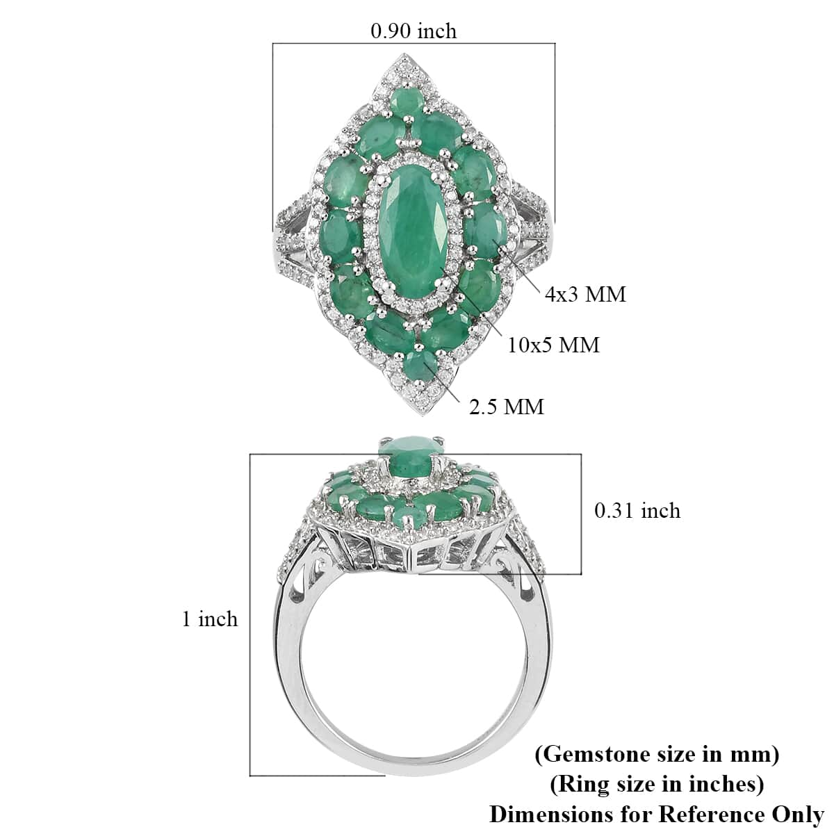 Socoto Emerald and Natural White Zircon Elongated Cocktail Ring in Platinum Over Sterling Silver (Size 7.0) 4.35 ctw image number 5
