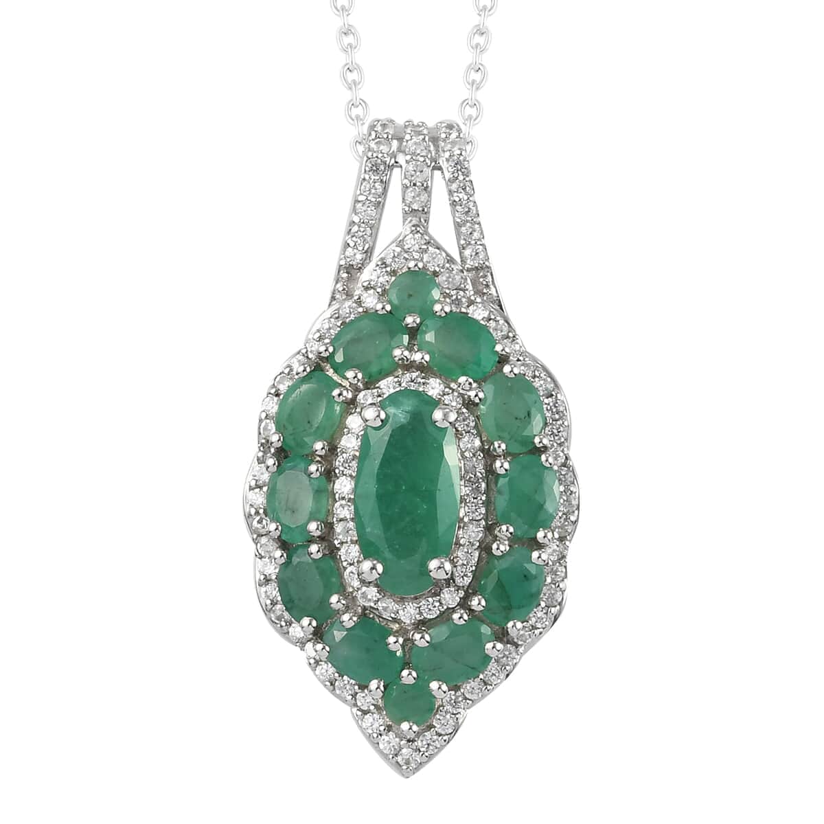 Socoto Emerald and White Zircon Elongated Cocktail Pendant Necklace 20 Inches in Platinum Over Sterling Silver 3.75 ctw image number 0