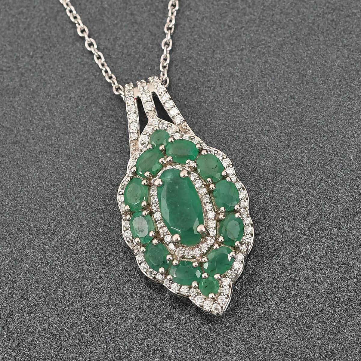 Socoto Emerald and White Zircon Elongated Cocktail Pendant Necklace 20 Inches in Platinum Over Sterling Silver 3.75 ctw image number 1