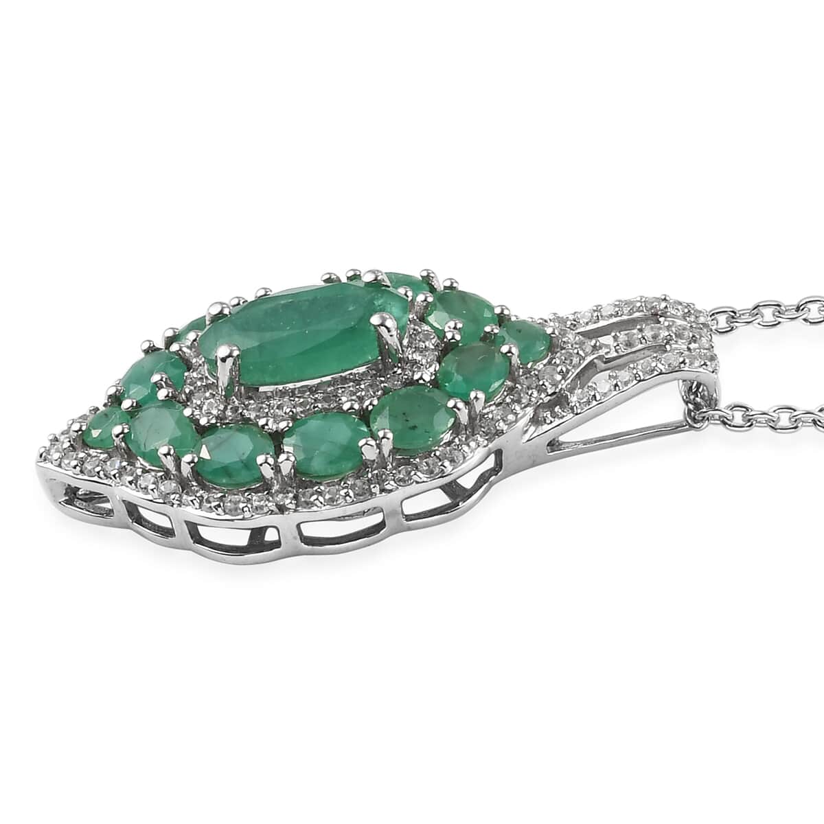 Socoto Emerald and White Zircon Elongated Cocktail Pendant Necklace 20 Inches in Platinum Over Sterling Silver 3.75 ctw image number 3