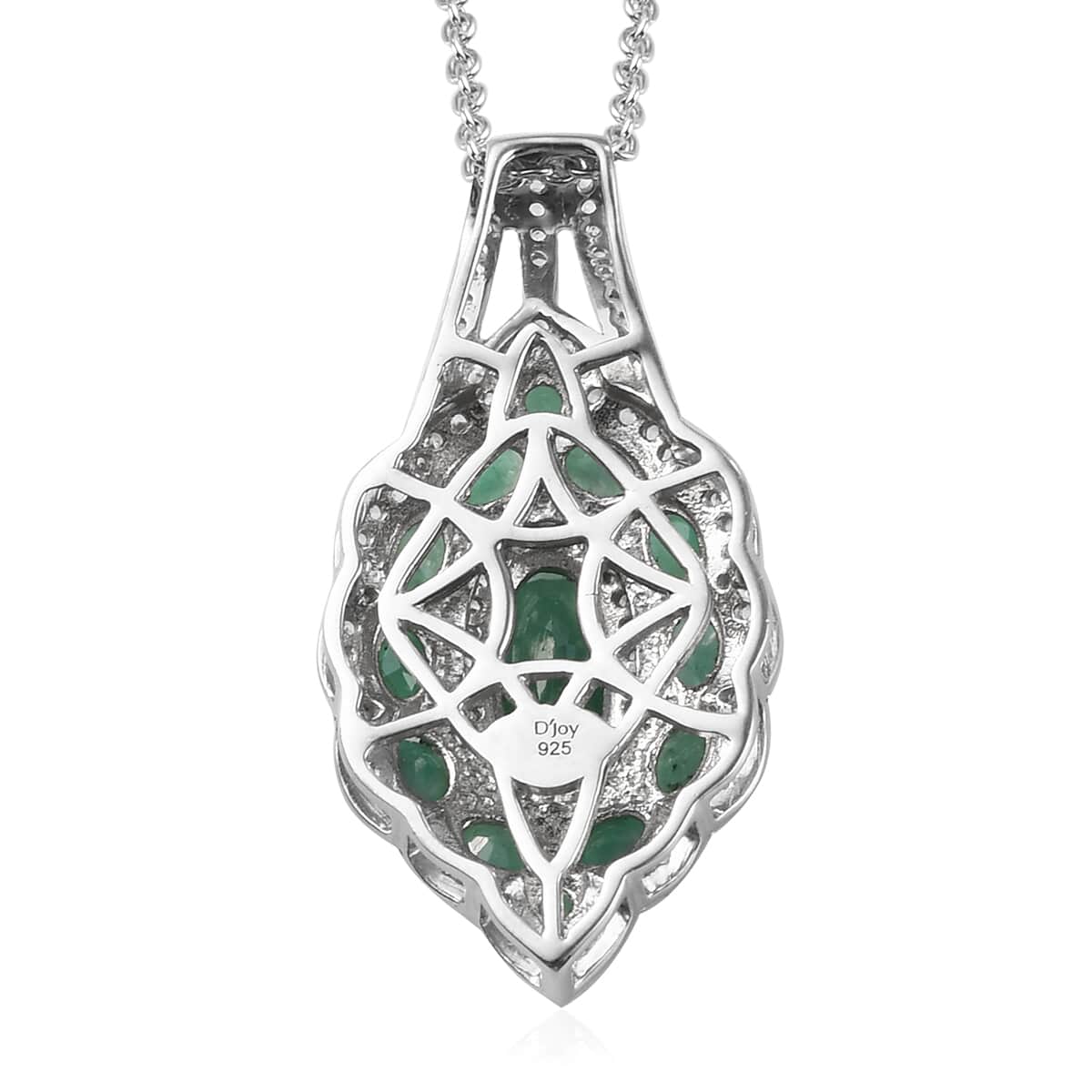 Socoto Emerald and White Zircon Elongated Cocktail Pendant Necklace 20 Inches in Platinum Over Sterling Silver 3.75 ctw image number 4