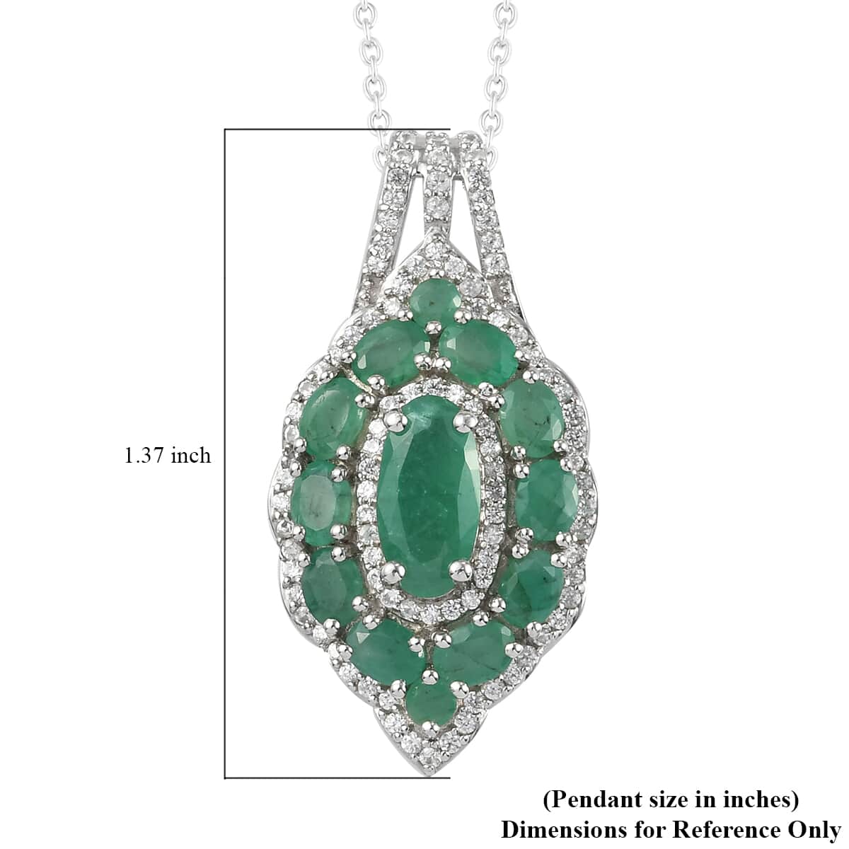 Socoto Emerald and White Zircon Elongated Cocktail Pendant Necklace 20 Inches in Platinum Over Sterling Silver 3.75 ctw image number 5