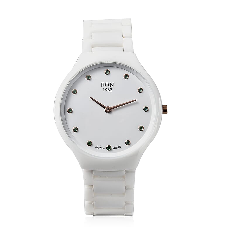 Eon 1962 Emerald Japanese Movement Watch with White Ceramic Strap 0.15 ctw