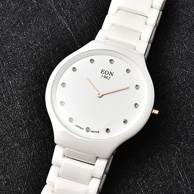 Eon 1962 Emerald Japanese Movement Watch with White Ceramic Strap 0.15 ctw