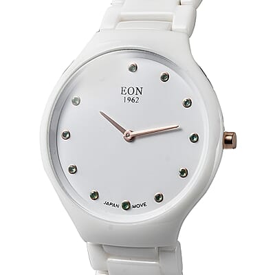 Eon 1962 Emerald Japanese Movement Watch with White Ceramic Strap 0.15 ctw