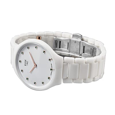 Eon 1962 Emerald Japanese Movement Watch with White Ceramic Strap 0.15 ctw