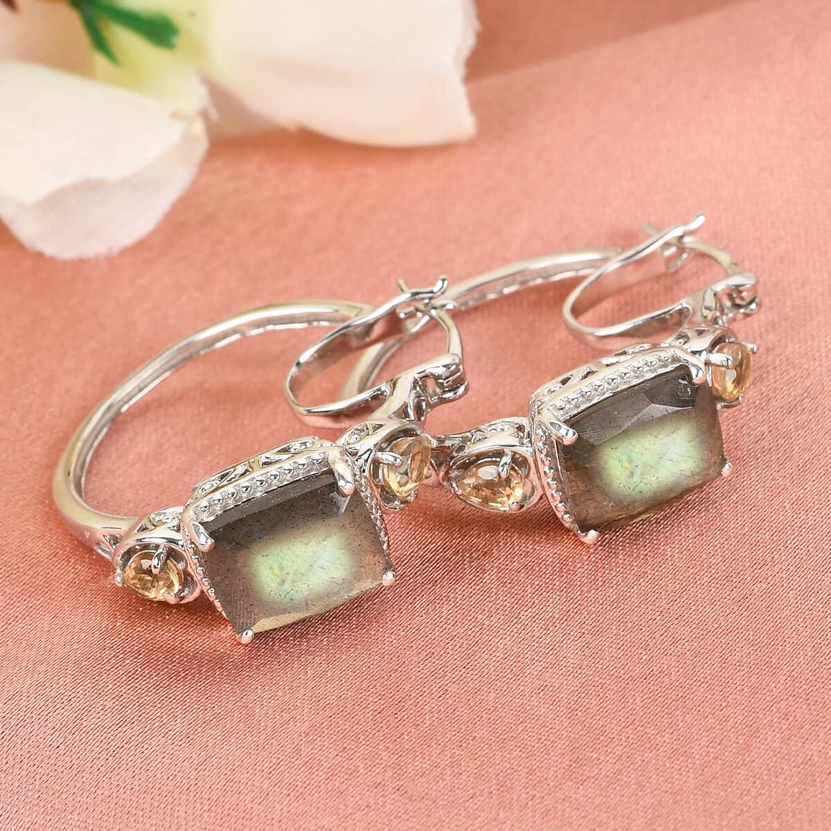 Malagasy Labradorite and Brazilian Citrine Earrings in Platinum Over Sterling Silver 7.50 ctw image number 1