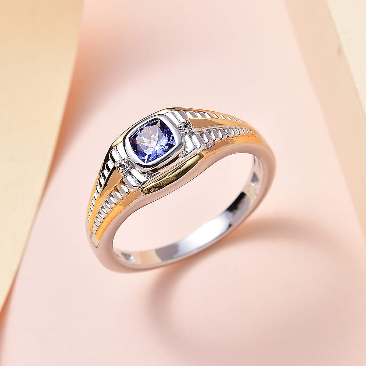 Tanzanite and White Zircon Men's Ring in Vermeil Yellow Gold and Platinum Over Sterling Silver (Size 12.0) 0.75 ctw image number 1