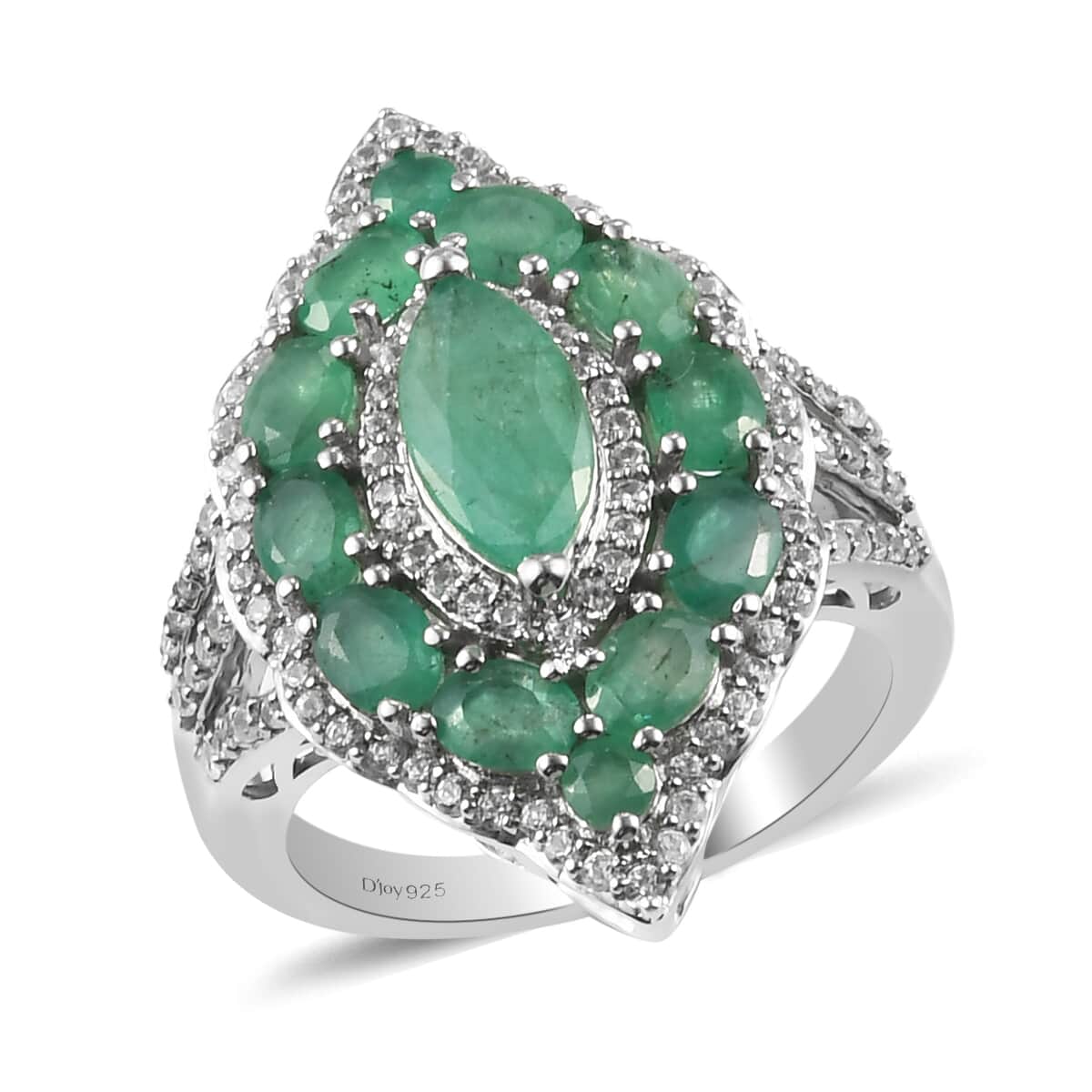 Socoto Emerald and Natural White Zircon Elongated Cocktail Ring in Platinum Over Sterling Silver (Size 7.0) 3.65 ctw image number 0