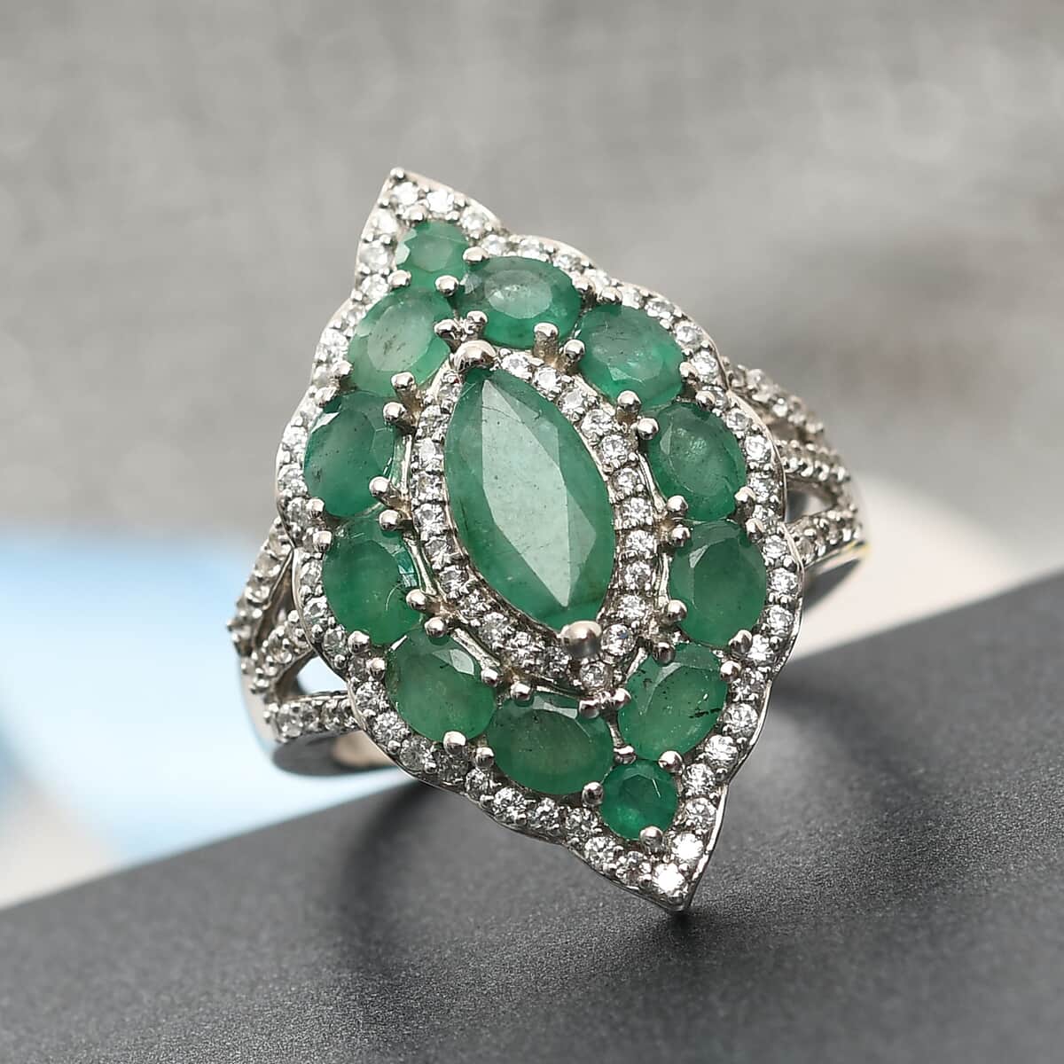 Socoto Emerald and Natural White Zircon Elongated Cocktail Ring in Platinum Over Sterling Silver (Size 7.0) 3.65 ctw image number 1