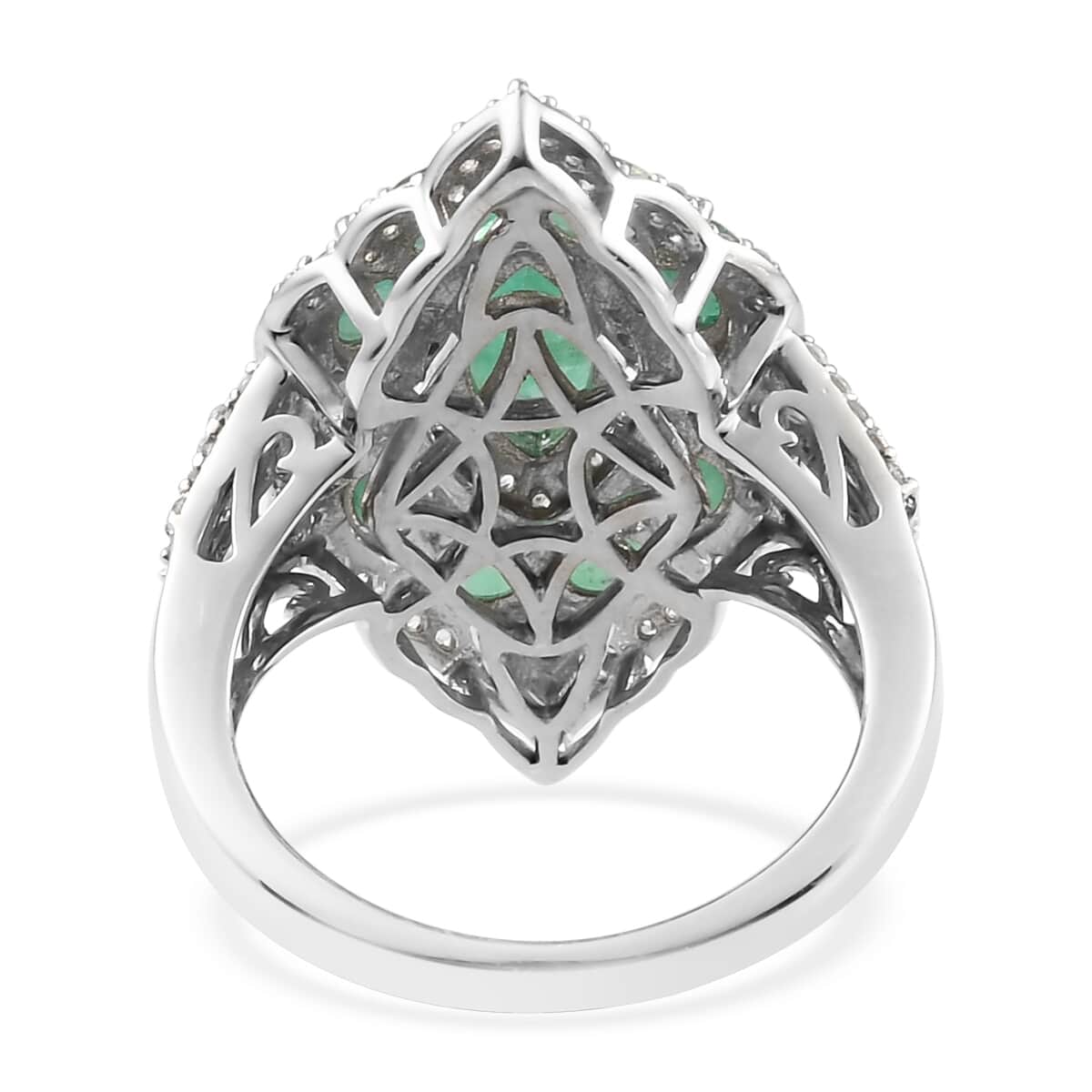 Socoto Emerald and Natural White Zircon Elongated Cocktail Ring in Platinum Over Sterling Silver (Size 7.0) 3.65 ctw image number 4