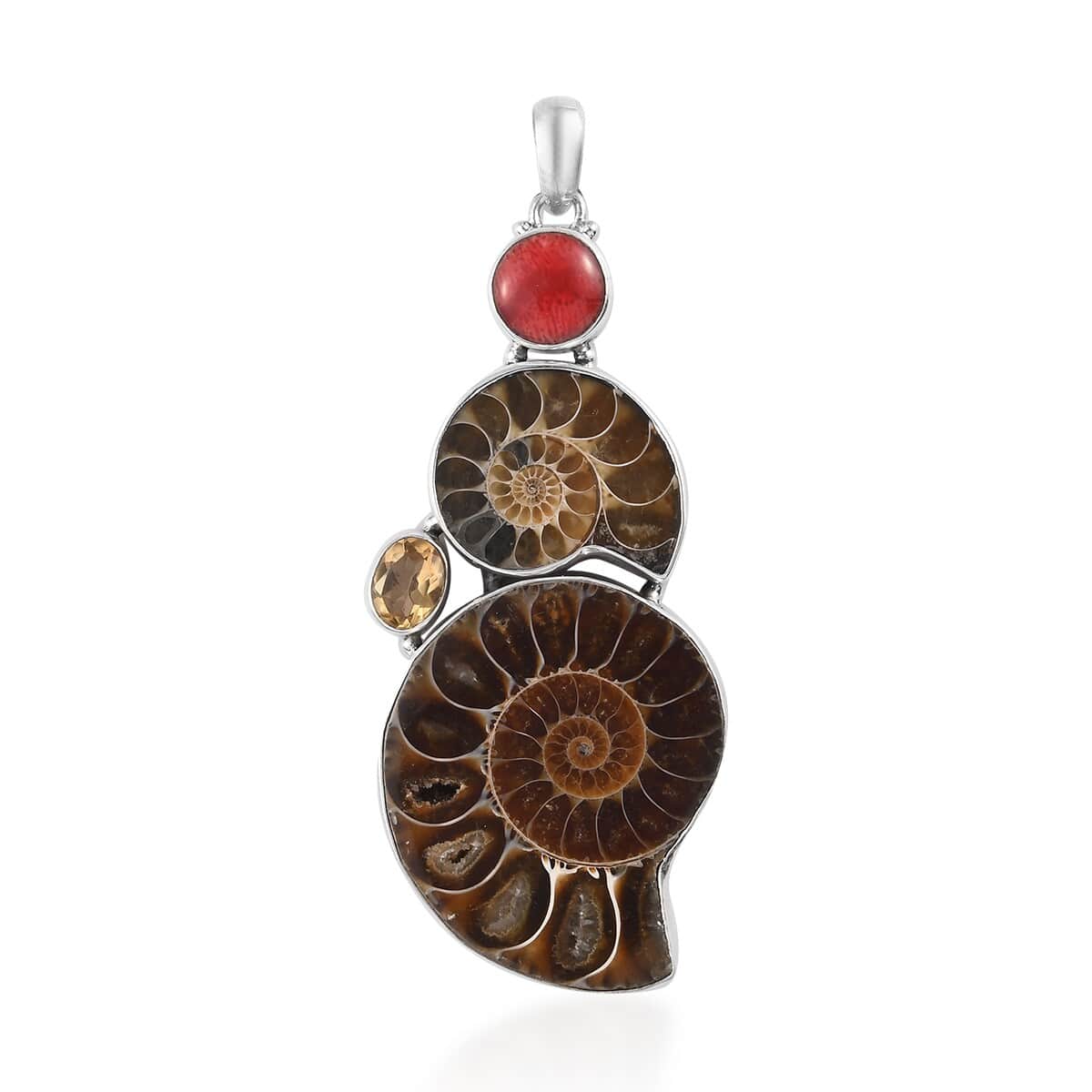 Ammonite and Multi Gemstone Pendant in Platinum Over Sterling Silver 1.10 ctw image number 0