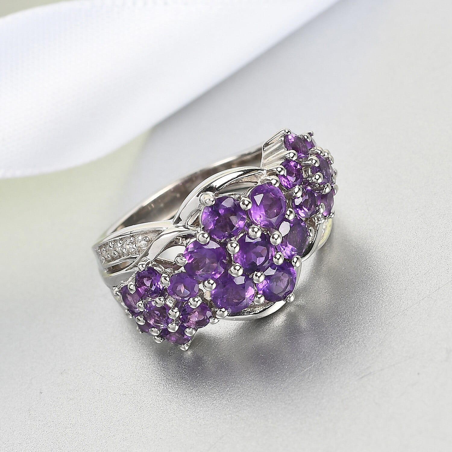 Lusaka Amethyst and Zircon 6.60 ctw Ring in Platinum Over Sterling Silver (Size 5.5)