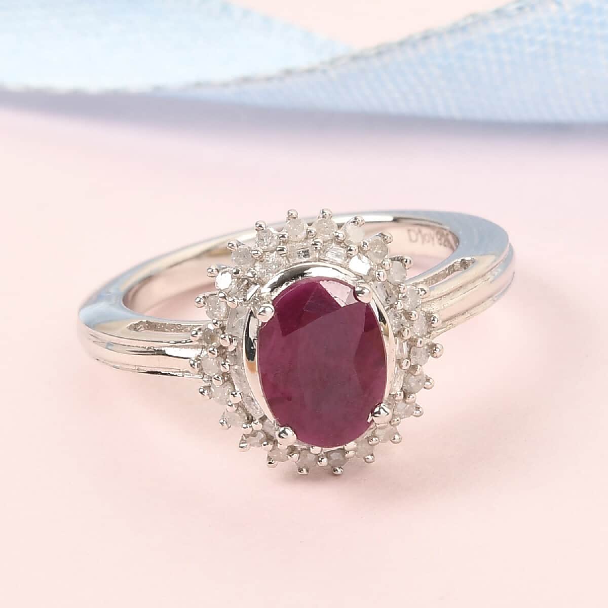 Royal Ruby and Diamond Double Halo Ring in Platinum Over Sterling Silver (Size 7.0) 1.85 ctw image number 1
