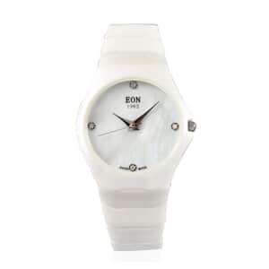 EON 1962 Diamond Swiss Movement Mother of Pearl Dial Watch with White Ceramic Strap & Butterfly Buckle 0.05 ctw