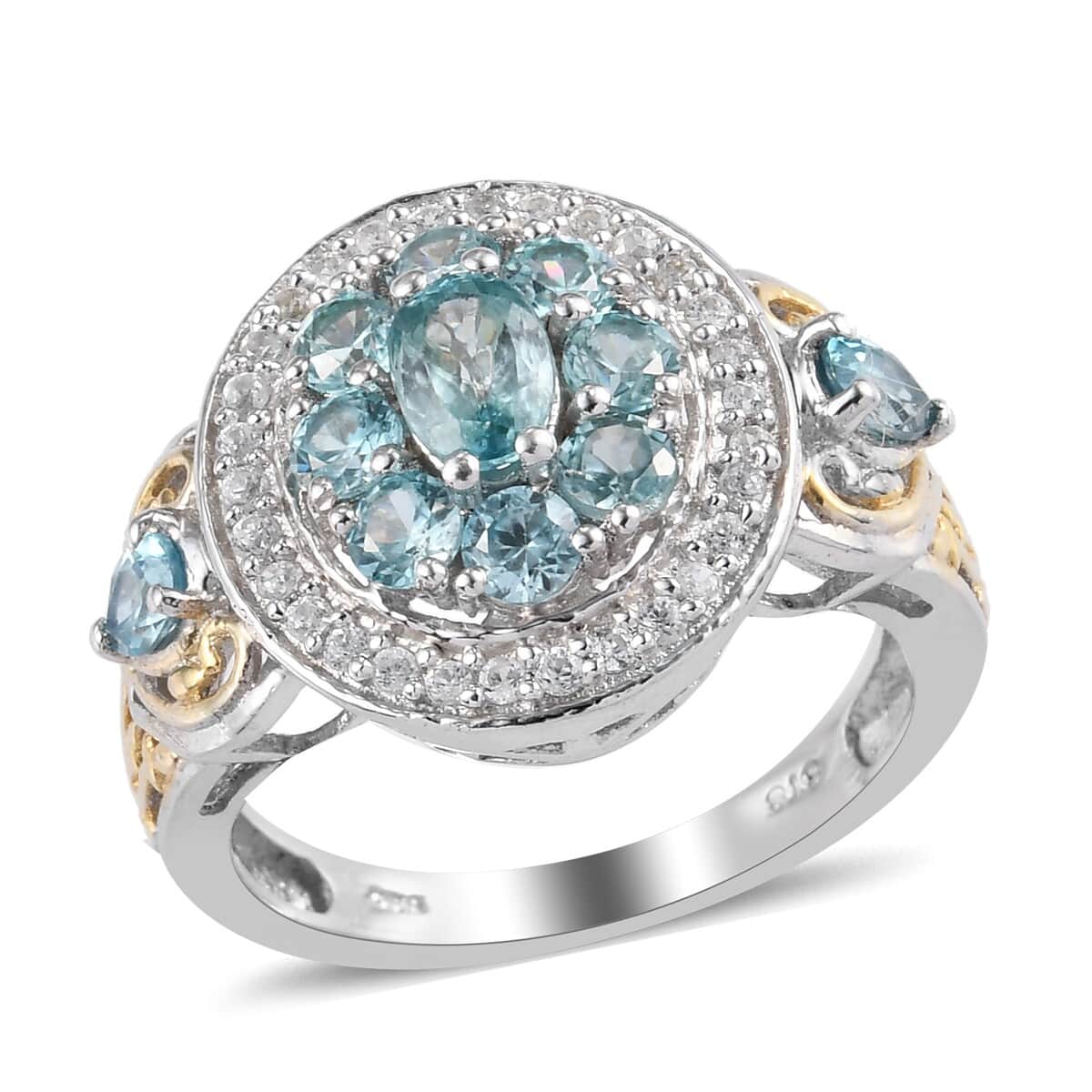 Cambodian Blue Zircon and White Zircon Ring in 14K Yellow Gold and Platinum Over Sterling Silver (Size 8.0) 2.50 ctw image number 0
