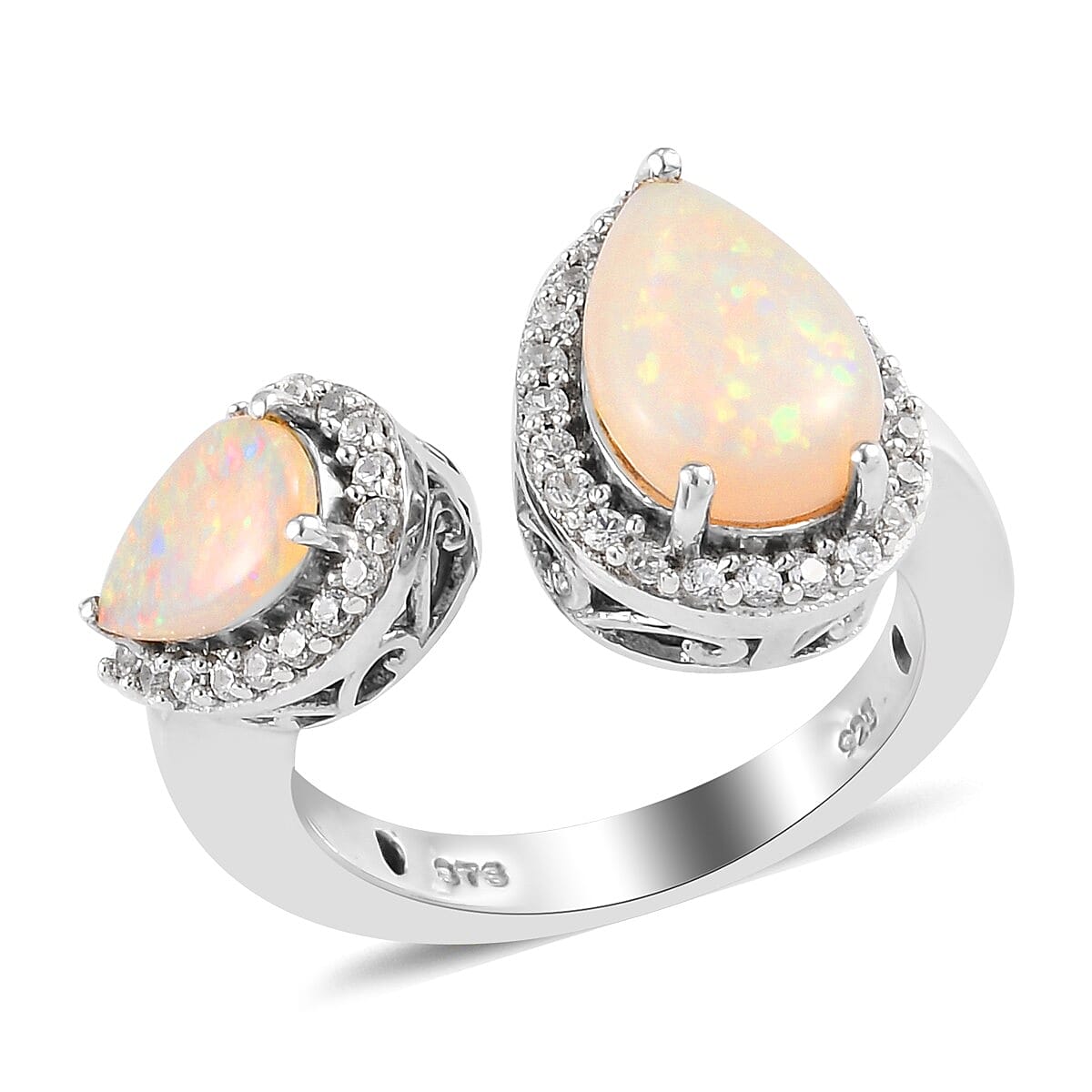 Australian Opal and Zircon Ring in Platinum Over Sterling Silver (Size 5.0) 1.90 ctw