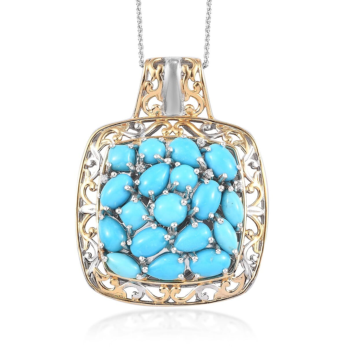 American Natural Sleeping Beauty Turquoise and Zircon Pendant Necklace 20 Inches in Vermeil Yellow Gold and Platinum Over Sterling Silver 8.20 Grams 6.75 ctw
