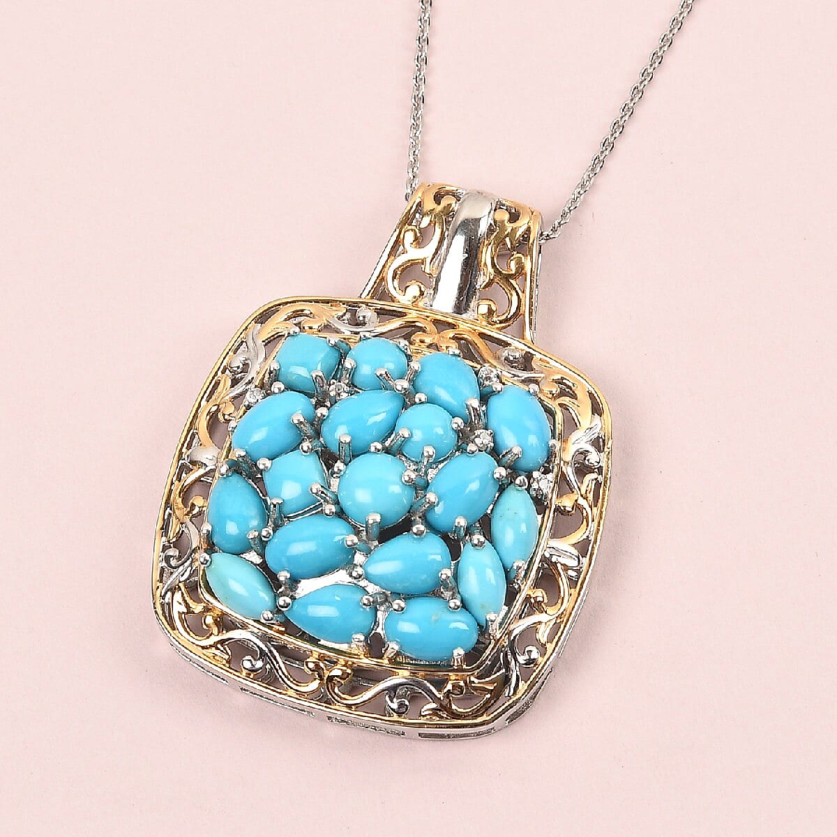 American Natural Sleeping Beauty Turquoise and Zircon Pendant Necklace 20 Inches in Vermeil Yellow Gold and Platinum Over Sterling Silver 8.20 Grams 6.75 ctw